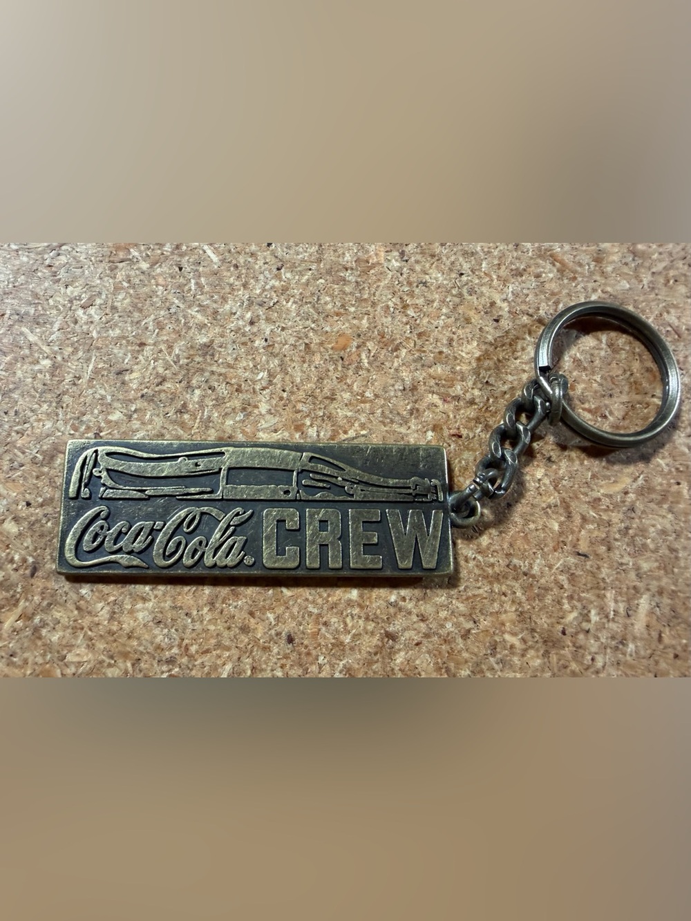 Vintage Coca Cola Crew Keychain Double Sided Cast Metal Brass Bronze Tone 1980s
